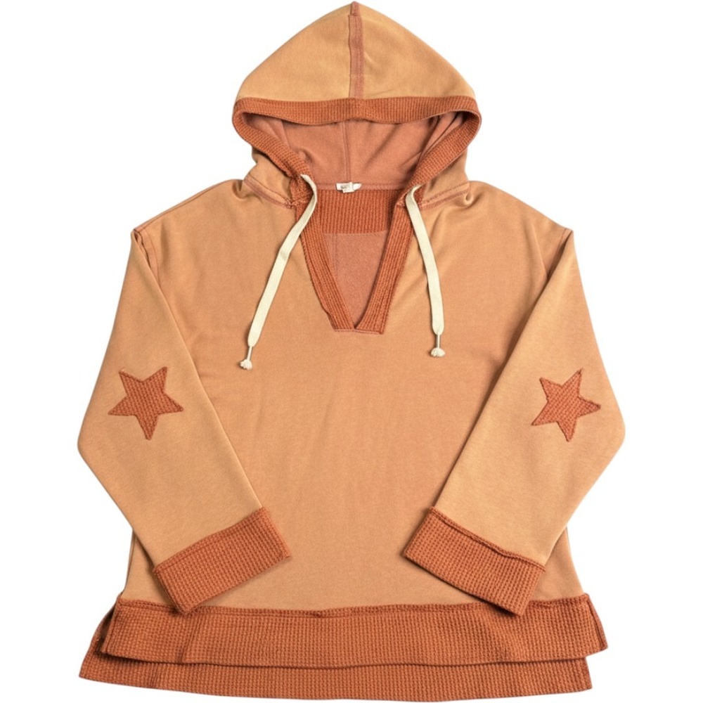 POL Womens Star Patch Waffle Knit Trim Hoodie Terracotta Rust Small